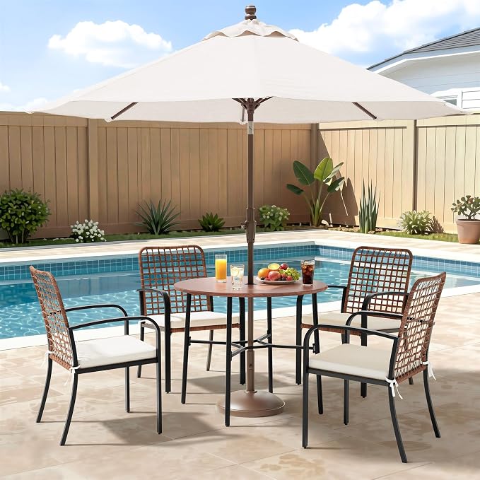 5 Pieces Patio Dining Set, Outdoor Dining Set with Handwoven Wicker Chairs & Wood Grain Table, Patio Table and Chairs Set with Cushions, Outdoor Table and Chairs for Garden