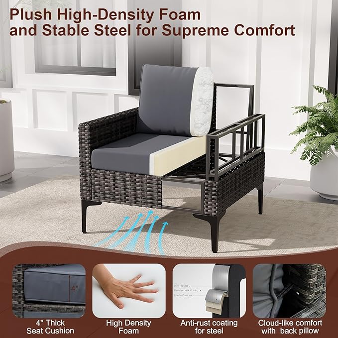 JOYURE 4-Piece Patio Furniture Set,Outdoor Wicker Patio Conversation Set with Tempered Glass Table,All-Weather Rattan Sectional Loveseat&Chairs with Thick Cushions for Garden,Deck,Backyard-Grey