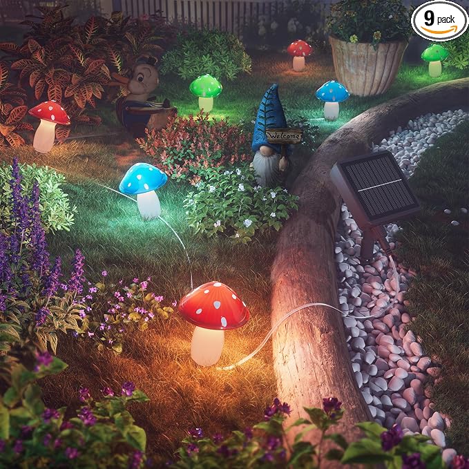 BITPOTT Solar Mushroom Lights Outdoor, 9 Pack 30FT Multicolor 8 Modes Solar Garden Lights, IP65 Waterproof Pathway Light Outdoor Decoration for Party, Garden, Yard, Patio, Lawn Decor (Multicolor)