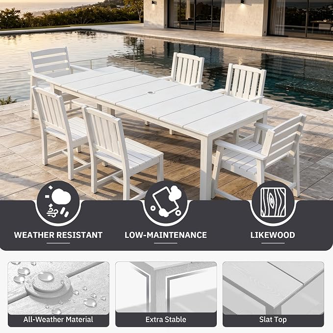AreShark Outdoor Dining Table,All Weather Rectangular Patio Table for 6,Heavy-Duty HDPE Table with Umbrella Hole and Aluminum Frame,Weatherproof Outdoor Furniture for Backyard, Garden,White