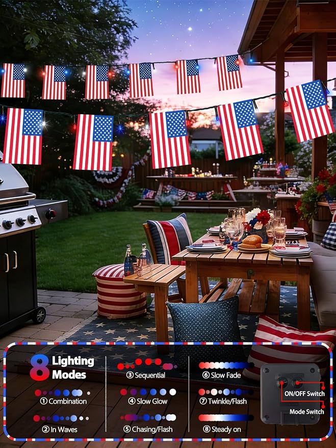 4th of July Decorations 50 LED Solar American Flag String Lights Outdoor | 25 USA Flags, 8 Modes, Memory Function, Auto On/Off, 18.8FT Waterproof Twinkle Lights for 250th Anniversary Patriotic Decor