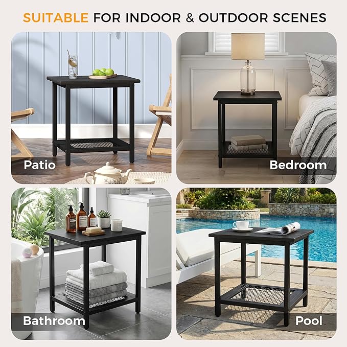 2-Tier Outdoor Side Table with Storage, Weather Resistant Patio End Table, HDPS Small Accent Table for Deck, Garden, Pool, Backyard, Black 2pcs