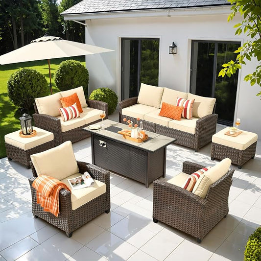 ovios 7 Pieces Patio Furniture Set, Outdoor Wicker Sofa Couch with 54" Fire Pit Table Comfy Cushions, All Weather Brown Rattan Conversation Set for Backyard Deck, Beige