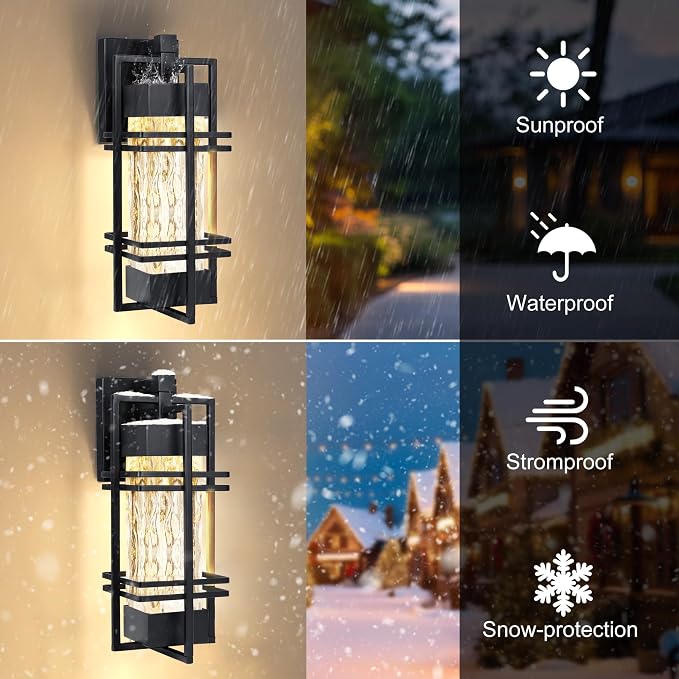 15" Outdoor Porch Light Fixtures Wall Mount, Modern Lantern Lamp,Black | Water Ripple Glass, Rustproof Metal Frame, Waterproof,E26 Base, T30 Bulbs Included, Wall Lantern for Porch, Garage