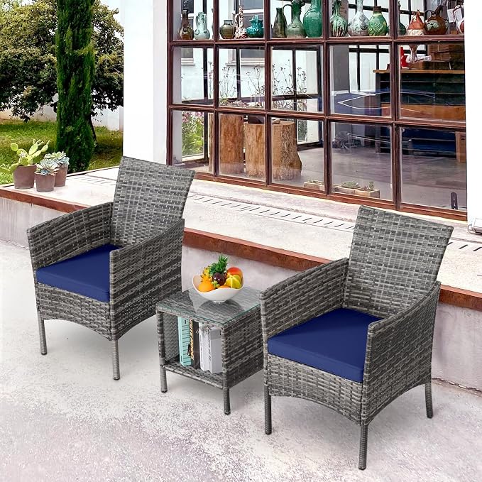 3 Pieces Patio Furniture Sets Outdoor PE Rattan Small Patio Furniture Set with Soft Cushion and Glass Coffee Table with Storage for Garden Backyard Porch Poolside WeatherResistantGrey/Darkblue