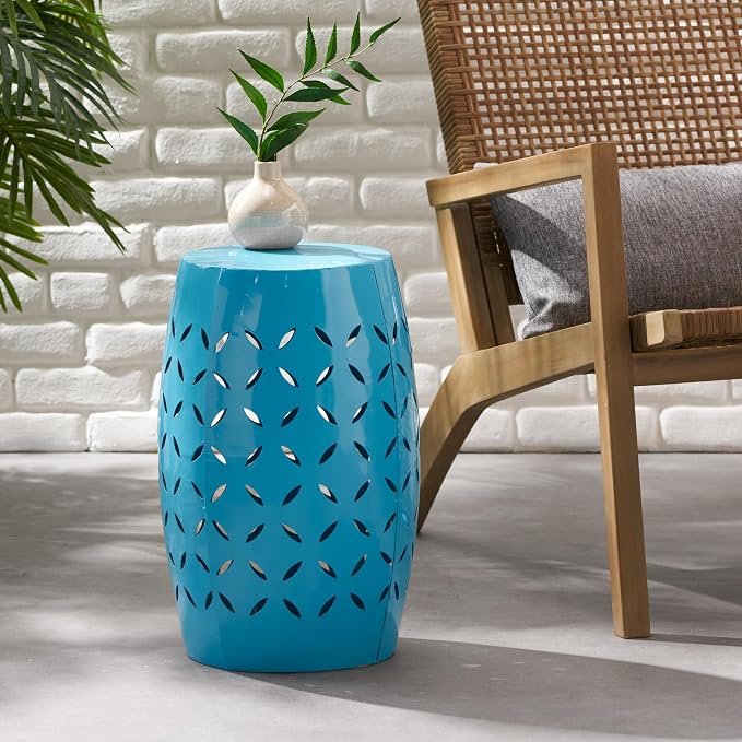 12" Outdoor Side Table, Decorative Cutout Metal Round Side Table, Multi Functional - Coffee Table, Night Stand, Plant Stand for Patio, Garden, Backyard, Gazebo Indoor (Blue)