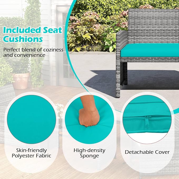 RELAX4LIFE 8-Piece Patio Furniture Set - Wicker Rattan Outdoor Sectional Sofa Set w/Glass Coffee Table, Loveseat, Chairs & Soft Cushions, Bistro Conversation for Garden Porch (2, Grey-Turquoise)