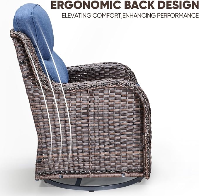 Swivel Patio Chairs sofa Set of 7 with 6" Thick Cushion - Wicker Outdoor Swivel Rocker Patio Chair ,Sofa/Glass coffee table, High Back Comfortable Outdoor Glider Chairs - Brown Wicker Blue Cushion