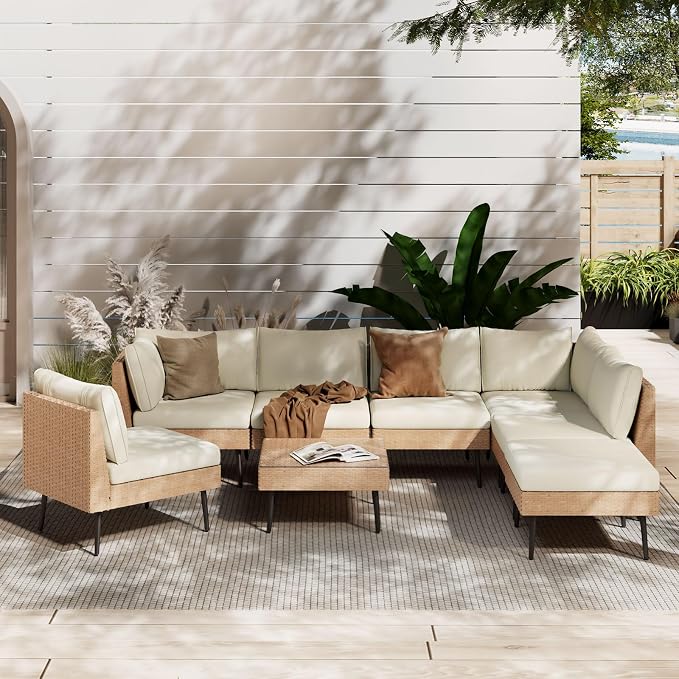 8-Piece Wicker Outdoor sectional Patio Furniture Set with Durable Dense PE Rattan, Conversation Patio Furniture with Washable Thick Cushions for Garden, Backyard, Poolside