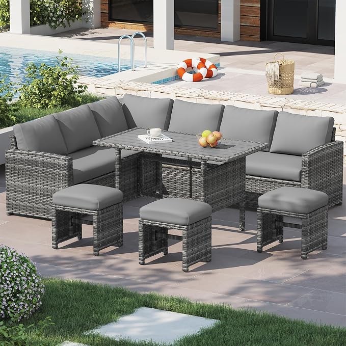U-MAX 7 Pieces Patio Furniture Set with Waterproof Cover, Outdoor Sectional Sofa Conversation Set, All Weather Wicker Rattan Dining Table & Chair with Ottoman, Grey Rattan&Grey Cushion