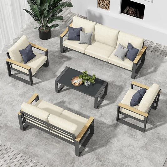 RoyalCraft Aluminum Patio Furniture, 7-Seats Metal Outdoor Furniture Set with Coffee Table, Modern Patio Sofa Sets Outdoor Conversation Set for Pool Garden Porch Backyard, Beige