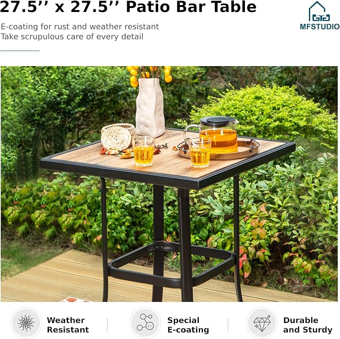 MFSTUDIO 39.3” Patio Bar Height Bar Table, with 27.5” Square PVC Wood Like Table Top for 2, All Weather Resistant Outdoor Table, Black and Brown