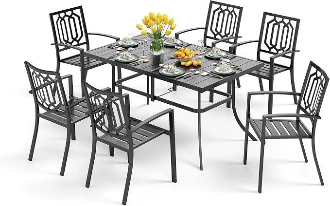 PHI VILLA 7 Pcs Patio Dining Set for 6& Rectangular Metal Table | Black Metal Table with Umbrella Hole & Stacking Wrought Iron Chairs, Outside Furniture Set for Patio, Deck, Backyard, Porch