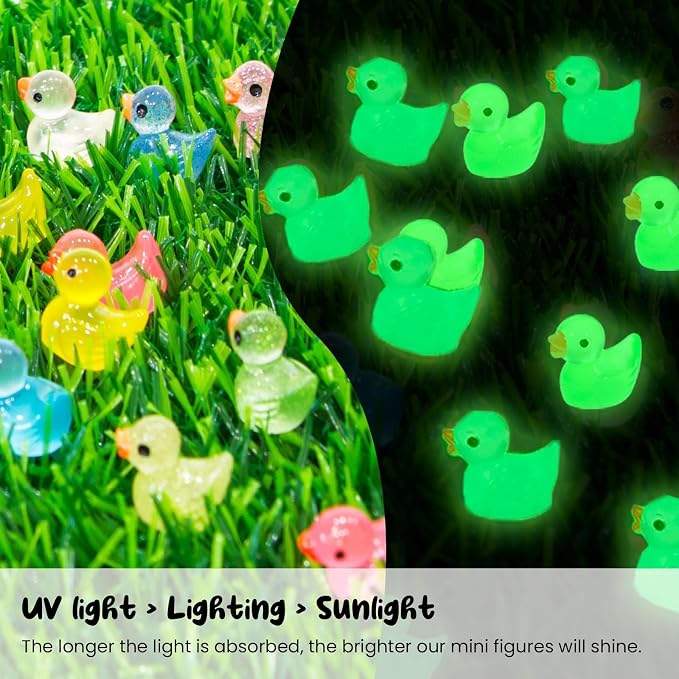 FEXIA 100pcs Mini Ducks Glitter Resin Tiny Ducks Animals Figures to Hide Glow in the Dark Duck Figures for Dollhouse Aquarium Fairy Garden Decor