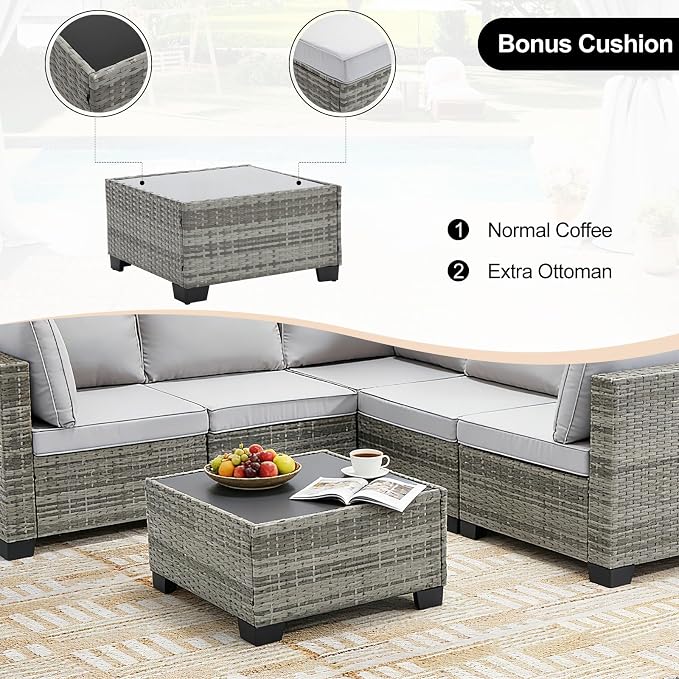 CANMOV 7 Pieces Patio Furniture Sets, All Weather Outdoor Patio Conversation Set, PE Wicker Rattan Sectional Sofa Couch Glass Coffee Table Washable Cushions for Backyard Garden, Poolside, Light Grey