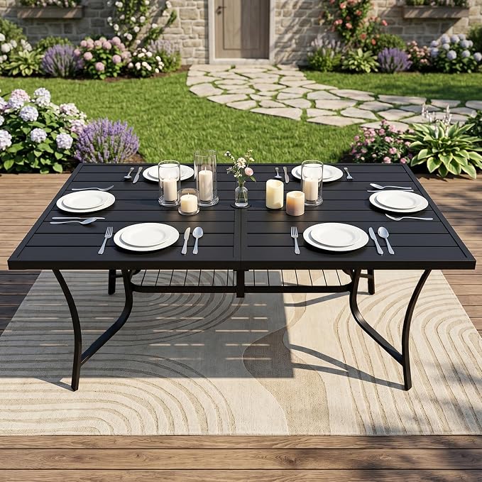 60" Outdoor Metal Patio Dining Table, Rectangular Steel Slat Table with Umbrella Hole, Modern Weather-Resistant Garden Table for 6 People, Backyard, Deck, Black