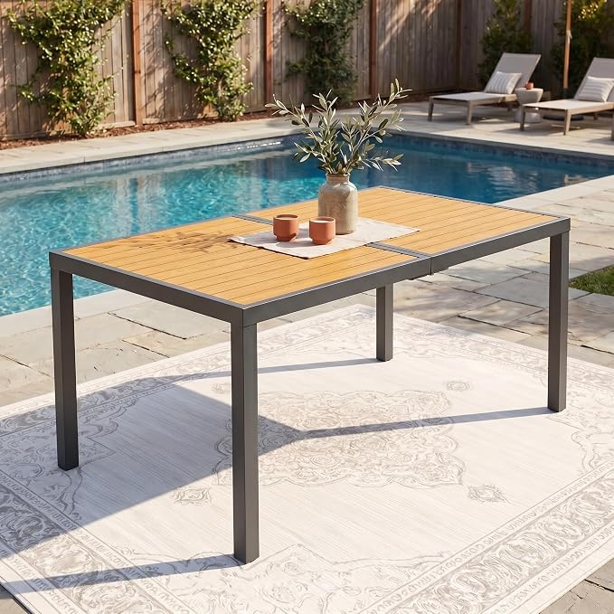 Aluminum Outdoor Table for All-Weather, 59" Patio Tables with Heavy Duty HDPS Rectangular Tabletop, Outside Table with Quick-Drying Slatted Design for Porch, Patio, Garden, Deck, Poolside, Backyard