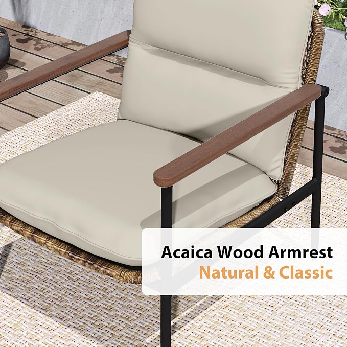 HAPPATIO 4-Piece Outdoor Furniture Set, Aluminum Patio Converation Set with Wicker Seat and Acacia Wood Armrest, Loveseat Sofa Set with Olefin Cushion and Wood Table for Garden Lawn Backyard