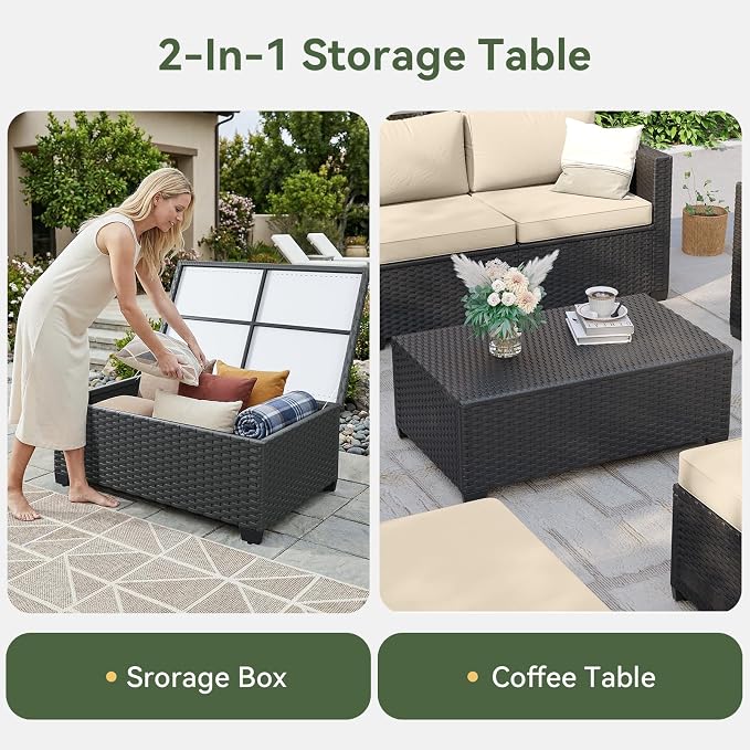 Aoxun Patio Furniture Set with Fire Pit Table, 7 Seats Piece Outdoor Furniture Set with Wicker Ottomans, Rattan Outdoor Sectional Sofa with Storage Table & Waterproof Cover Beige