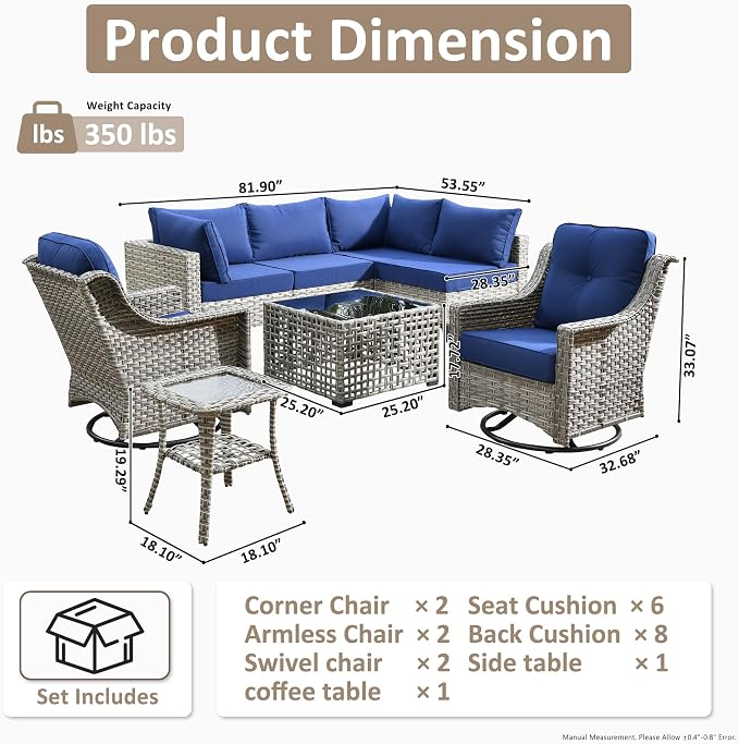 HOOOWOOO Outdoor Patio Furniture Set,8 Pieces Wicker Out Door Sectional Furniture L Shaped Couch,Patio Conversation Sets with Swivel Rocking Chair LED Table,Navy Blue
