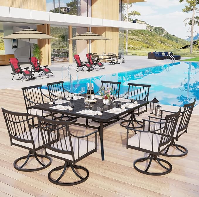 MFSTUDIO 9-Piece Patio Dining Set, Swivel Metal Chairs, Umbrella Hole | 57.5" Square Metal Table, Removable Cushions