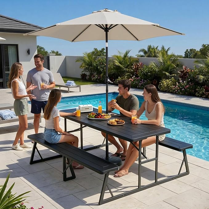 VINGLI Outdoor Picnic Table with Umbrella Hole, 6FT All Weather Metal Frame HDPE Tabletop Plastic Picnic Table for Dining Party Garden(Black)
