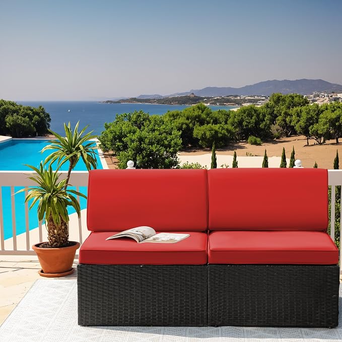 Greesum 2 Piece Patio Conversation Set Wicker Rattan Furniture Outdoor Sofa with Cushions,Pillows for Porch,Lawn and Yard, Red