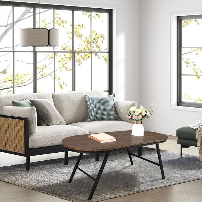 Foldable Coffee Table Oval Small Coffee Tables with Metal Legs Floor Table Desk for Sitting on the Floor Low Coffee Table for Small Spaces Living Room Outdoor Use Dark Brown