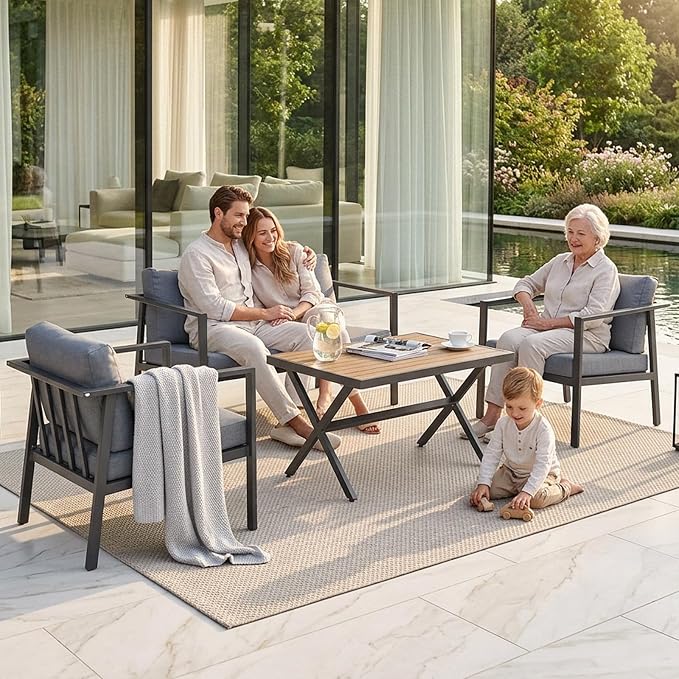 Aug-guan Aluminum Patio Furniture Set 4 Piece, Outdoor Conversation Set with 5" Cushions, Olefin Fabric, Rustproof Frame, Non-Slip Feet, Compact Patio Sofa Set for Balcony, Backyard, Porch,Grey