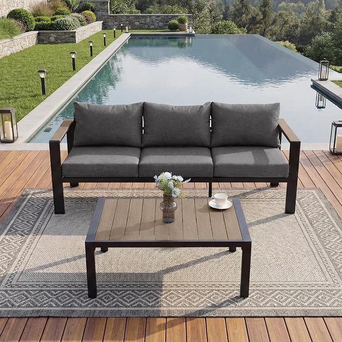Patio Furniture Set 3 Seats Sofa and Coffee Table All-Weather Patio Sofa with Washable Thick Cushions, Deluxe Aluminum Modern Outside Sectional for Porch, Balcony, Deck, Yard, Dark Gray