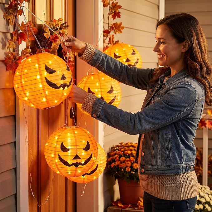 HUGSVIK 4Pcs Solar Pumpkin Lights Outdoor Hanging Halloween Decorations | 12-Inch Jack O Lantern, 160 LEDs & 8 Modes, Waterproof Outdoor Halloween Lights for Yard Porch Trick-or-Treat Party