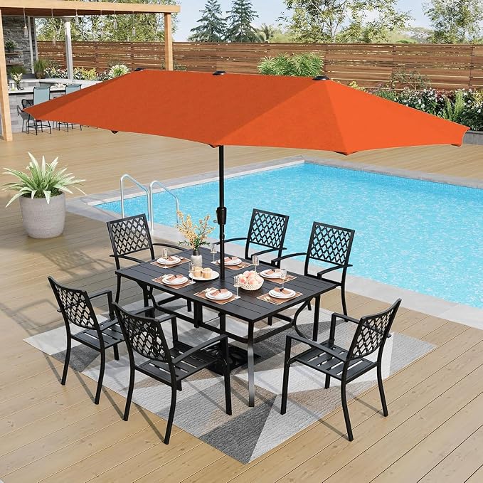 PHI VILLA Patio Dining Set for 6, Stackable Chairs& Rectangular Table | 60" Rectangular Metal Table& Stackable Black Wrought Iron Chairs,Large Outside Furniture for Patio,Deck,Backyard,Porch