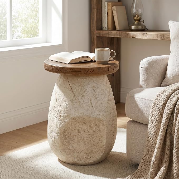Nerissa Outdoor Patio MGO Side Table, Organic Pear-Shaped Accent End Table with Faux Wood Grain Top, Beige Modern Side Stand for Balcony Garden Poolside Living Room Bedroom