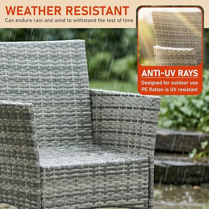 3 Pieces Patio Furniture Outdoor Bistro Set Outdoor&Indoor Conversation Set Coffee Table Chairs Set for 2 with Water-Resistant Cushions for Lawn Yard Garden Porch Balcony and Pool,Grey and Khaki