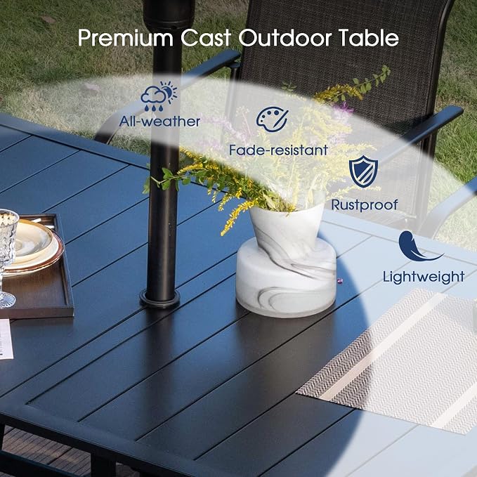 VICLLAX Metal Patio Table for 6, Outdoor Dining Table with Umbrella Hole for Garden Lawn Deck Backyard, Black