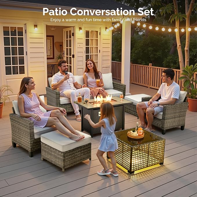 7 Piece Wicker Patio Furniture Set with Firepit Table, Gray | Outdoor Deep Seating Sofa Chair Ottoman, Firepit, Solar Lights Table, Modern Conversation Set, Porch Deck Backyard