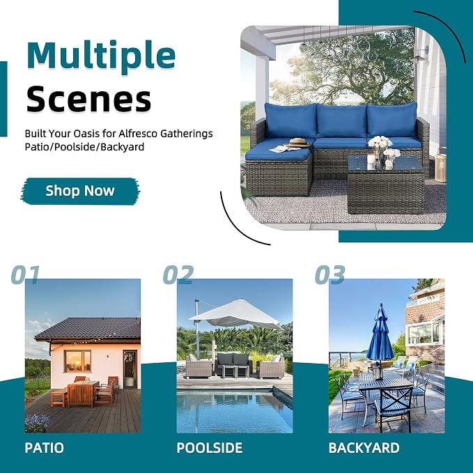 SUNLEI Patio Furniture Set with Detachable Soft Cushions, All Weather Outdoor PE Rattan Patio Conversation Sofa Set, Silver Rattan/Aegean Blue