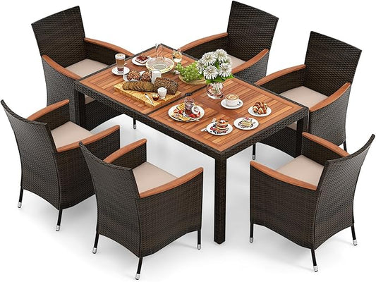 7 Pieces Outdoor Wicker Dining Set with Umbrella Hole, Patio Dining Furniture Set with Acacia Wood Table and Chairs, Garden Dining Table Set for Backyard, Desk, Poolside (Brown)