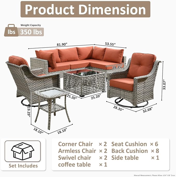 HOOOWOOO Outdoor Patio Furniture Set,8 Pieces Wicker Out Door Sectional Furniture L Shaped Couch,Patio Conversation Sets with Swivel Rocking Chair LED Table,Orange Red
