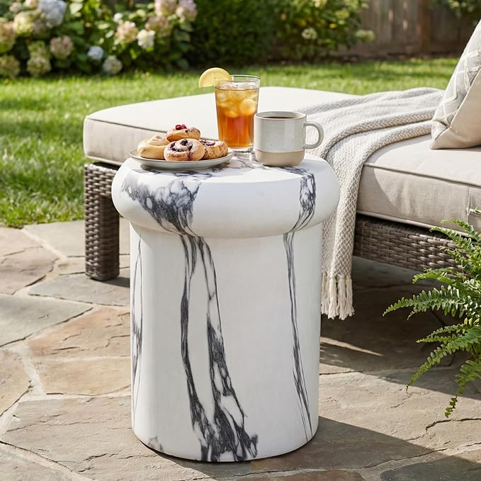 Christopher Knight Home 18.11 Inch Sculptural MGO Side Table Modern Round End Table Faux Travertine Indoor Outdoor Pedestal Accent Table