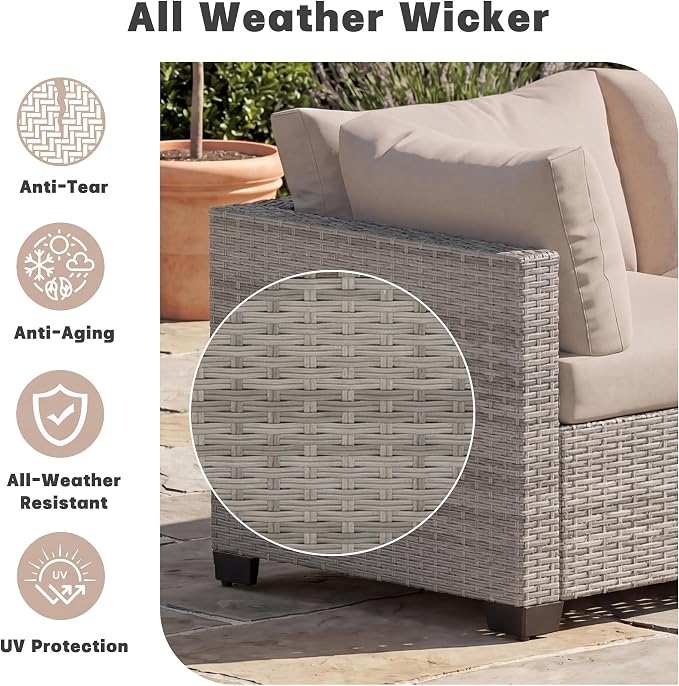 Patio Furniture Set, 7-Piece Outdoor Sectional Couch with Coffee Table & Thick Cushions, Outdoor Wicker Conversation Set for Backyard, Poolside, Garden (Grey White-White, 7 Piece-Single)