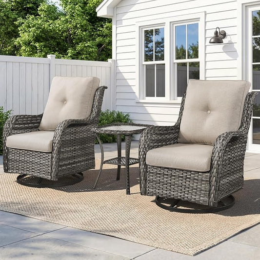 Belord 3 PCS Patio Furniture Set - Mixed Grey Wicker Swivel Rocking Chairs with Side Table, Furniture Set for Outdoor