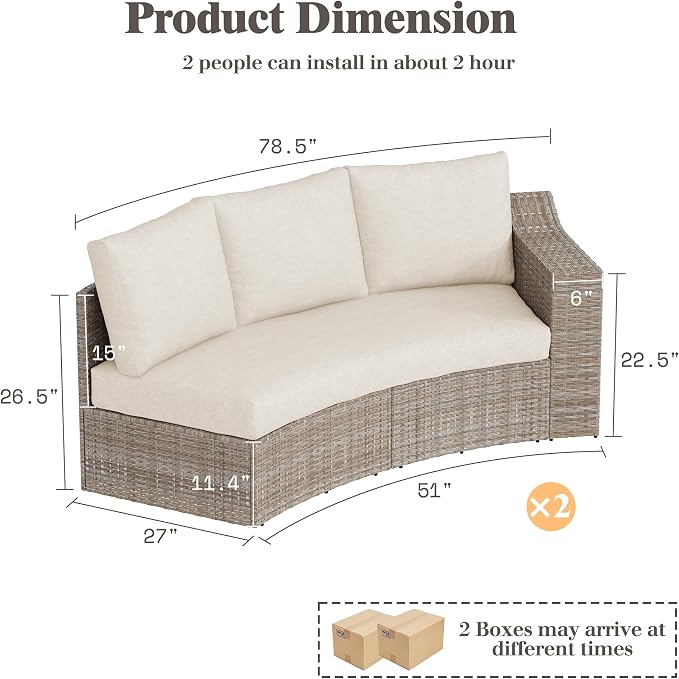 LUXOAK 6-Piece Wicker Patio Furniture Set, Curved Half-Moon Outdoor Sectional Sofa with 6" Wide Armrests, All-Weather Rattan Conversation Set with Thick Cushions, for Backyard/Garden/Deck/Patio