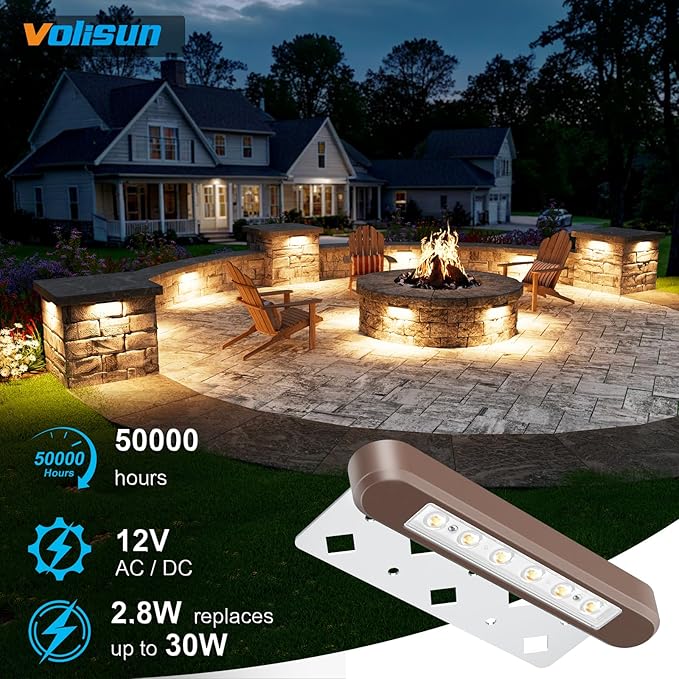 VOLISUN 7 Inch Retaining Wall Lights, 2700K Hardscape Lighting, 12 Pack | IP67 Waterproof, Cuttable Low Voltage Landscape Lighting, 12V Paver Lights, 2.8W Outdoor Step Lights