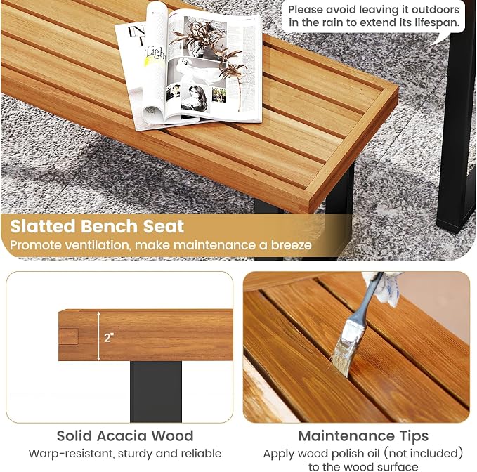 Tangkula 3 Pieces Patio Dining Table Set, 63” Rectangle Acacia Wood Table with Umbrella Hole and 2 Backless Bench with Metal Frame, Outdoor Dinette Furniture for Garden Yard