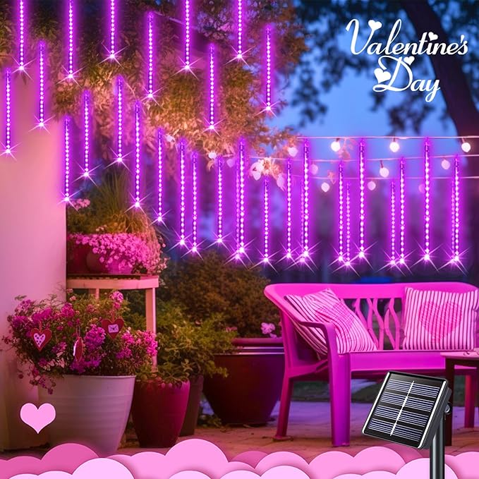 JMEXSUSS Pink Solar Meteor Shower Lights Outdoor, 8 Tube 144 LEDs | Solar Christmas Lights for Tree Eave Holiday Party Patio House Wedding Valentine's Day Decor