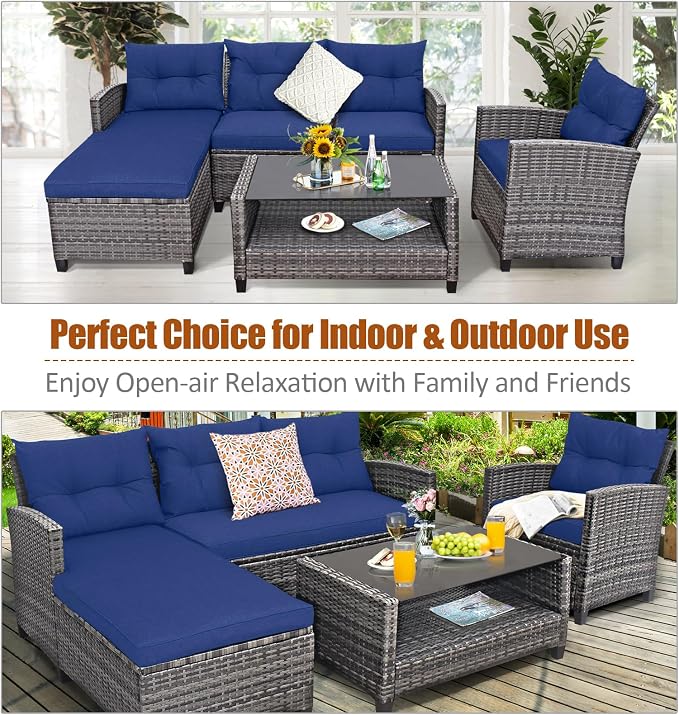 Tangkula 4 Pieces Rattan Conversation Set, Patiojoy Outdoor Furniture Set with Cushions, Lounge Sofa Set with Coffee Table, Patio Sectional Sofa Set for Patio Garden Poolside Backyard (Navy)