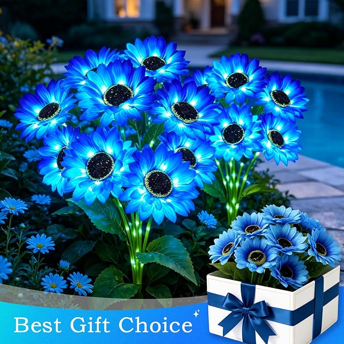 MRHEPHAESTUS Solar Garden Lights Outdoor, 6 Pack Solar Blue Sunflower Lights with 18 Head 3.5 Inch Flowers, Waterproof Flowers Light Fall Decor Auto ON/Off for Garden Yard Patio, Gifts for Mom Women