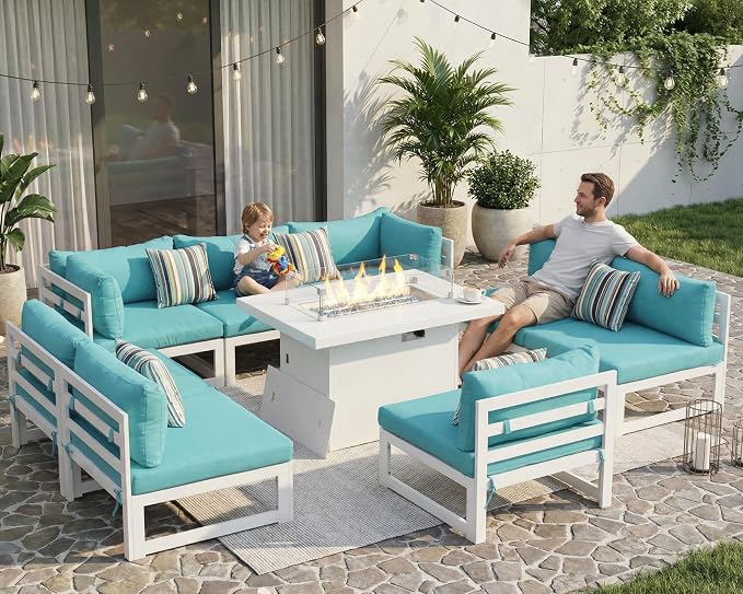 RADIATA 9 Piece Large Modern Aluminum Outdoor Patio Furniture Set with Fire Pit Table Propane/Gas, 29 inch Wide Deep Seat, Anti-Rust Comfy Sectional Sofa, 500 lbs Sturdy Conversation Set, Turquoise
