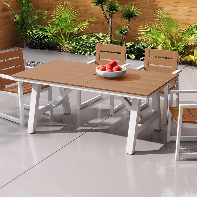 Costaelm Outdoor Dining Tables for Patio, 72" Rectangle 6-Person HDPE Dining Table with Umbrella Hole and Metal Frame for Outside, Garden, Poolside, Backyard, Porch, Balcony, Teak